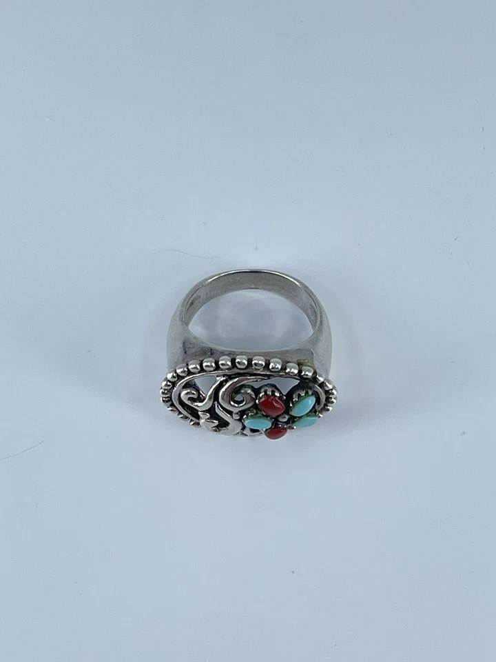 Anillo Coral Turquesa Plata Esterlina Flor Diseño Filigrana Talla 5.5 Foto 2 de 4