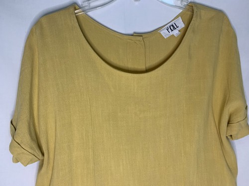 Linen Blend Tunic Top Womens P. Cill Side Pockets Full Button Back Yellow Large - Picture 3 of 11