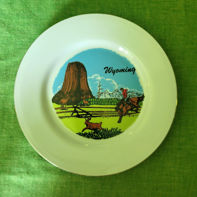 Wyoming Souvenir Plate - Devil's Tower - Grand Tetons - and a Jackalope!!  10.5 