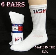 6 Pairs Mens USA Logo White Lightly Cushioned Cotton Crew Socks  USA Made 