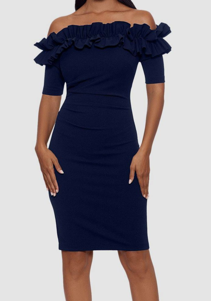 xscape bodycon dress Ruffle Off-The-Shoulder Cocktail in Navy Detailed with ruffle accents Launchdate:2025-08-21 70 inch TVs and COLOR:Blush (picture)