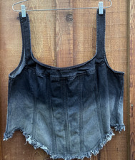 Pretty Little Thinks Corset Top US 20 Black Denim Acid Washed Fralyed Hem Zip Up