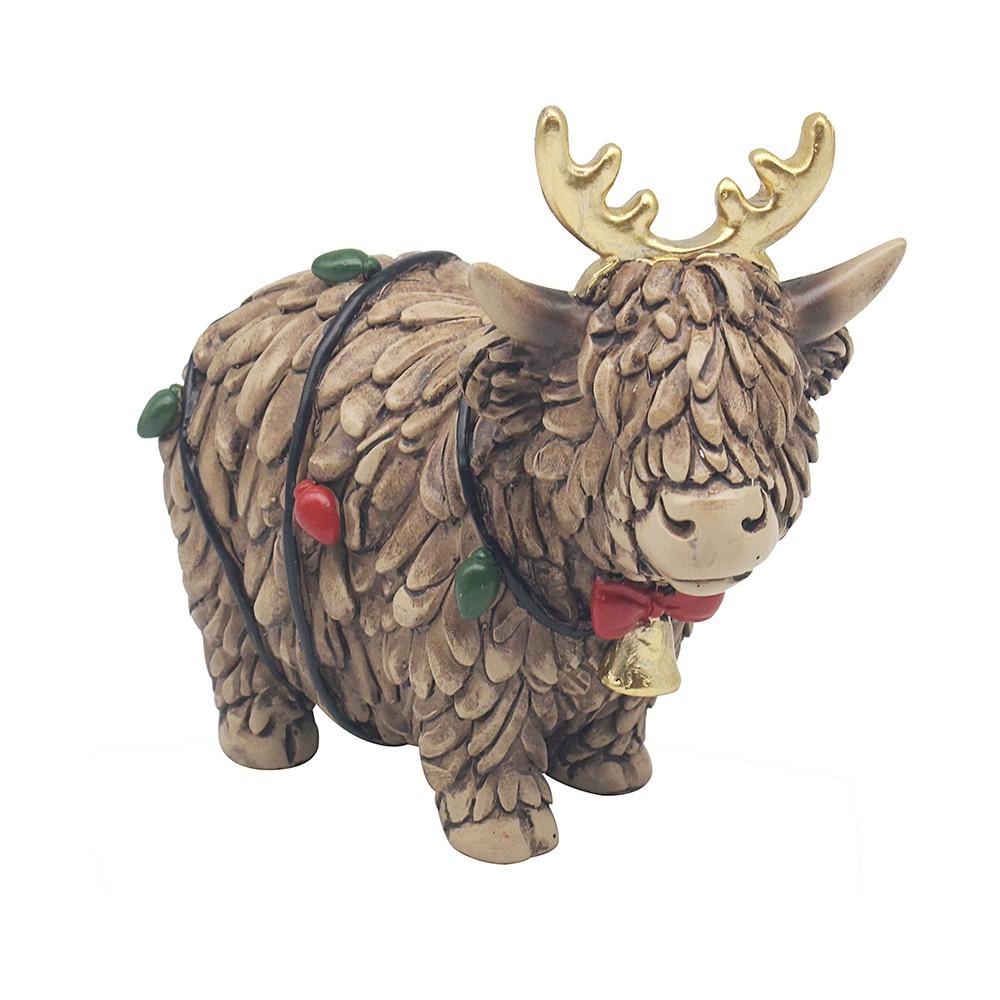 Christmas Highland Cow with Christmas Lights Ornament Figurine