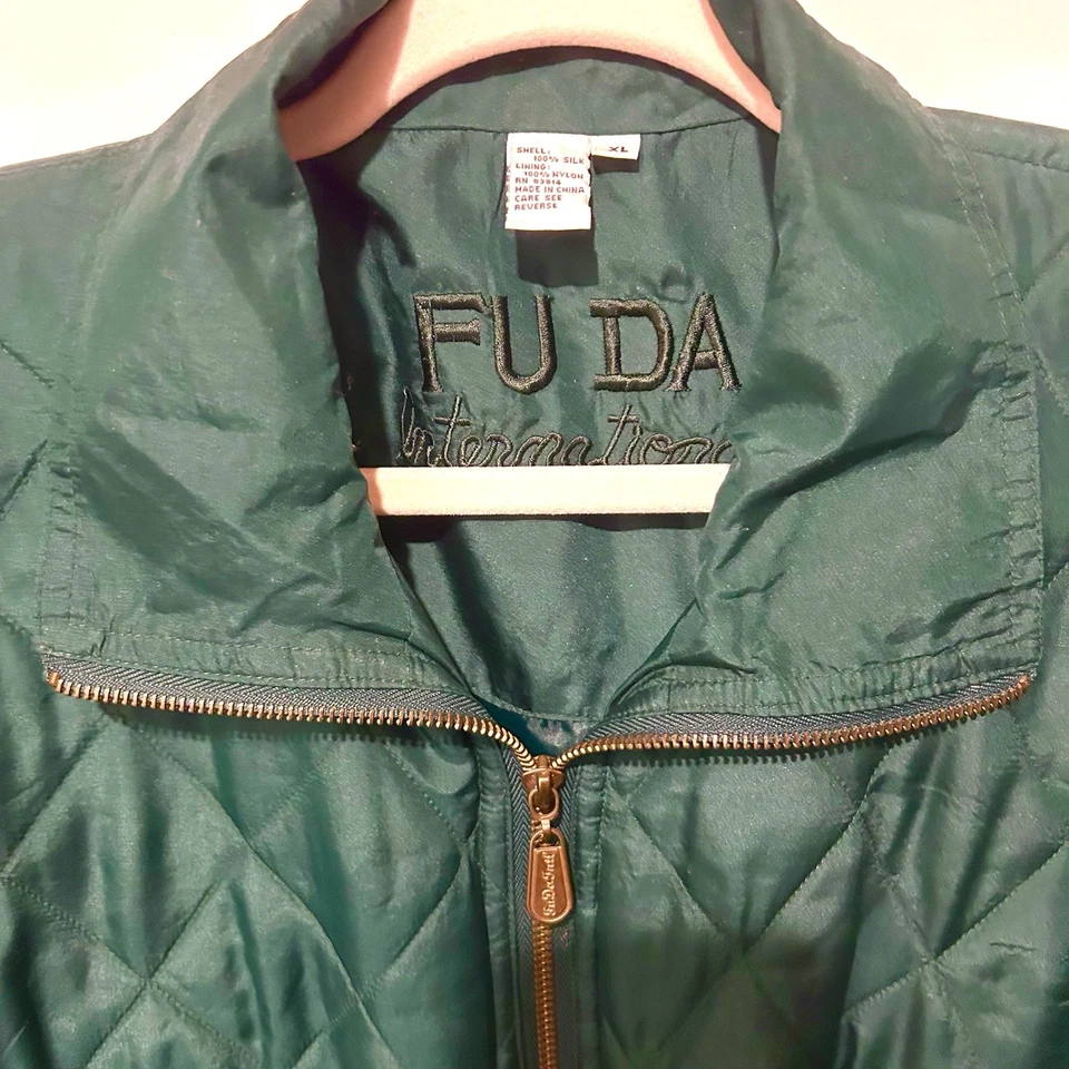FUDA International женщин винтажный XL 100% шелк лес зеленый молнии куртка-бомбер - Изображение 3 из 4