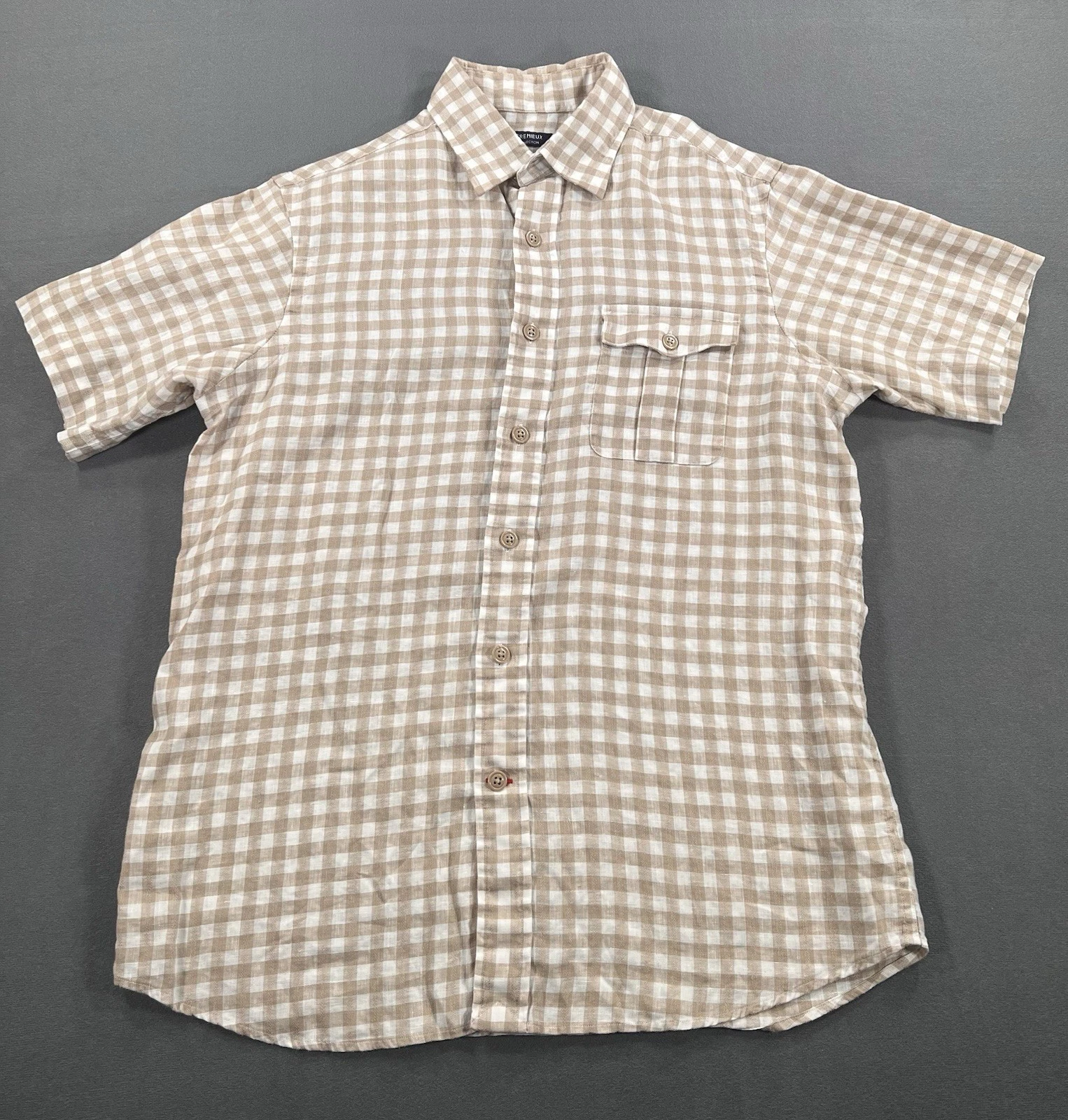 Cremieux Men's Medium Beige White Checker Linen Short Sleeve Button-Up Shirt EUC
