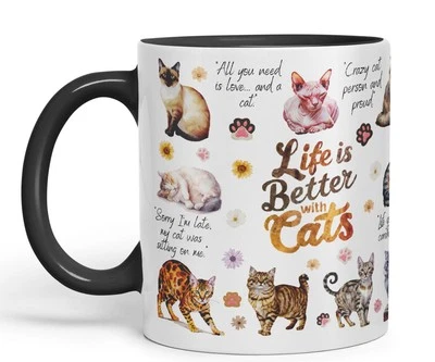VIXAR Life is better with Cats joke pets kittten Ceramic Coloured Mug Cup 330ml 11Oz