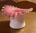 Fenton Pink Crest Top Hat Vase White Milk Glass Ruffled Edge 3.5”