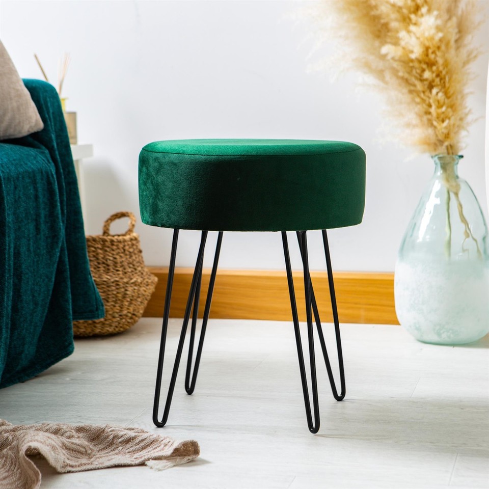2x Vert/Noir H40 x D35cm Rond Repose-Pieds en Velours Ottoman Tabouret Pouf