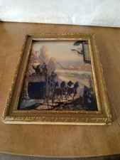 Vintage Silhouette Stage Coach With Horses Scene Painting On Glass 4 X 5