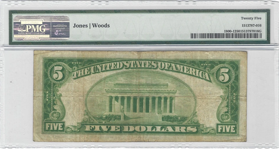 $5 1929 Type 1 National Bank Note Clayton, MO Ch#12333 Fr#1800-1 PMG VF25 - Image 2 of 2