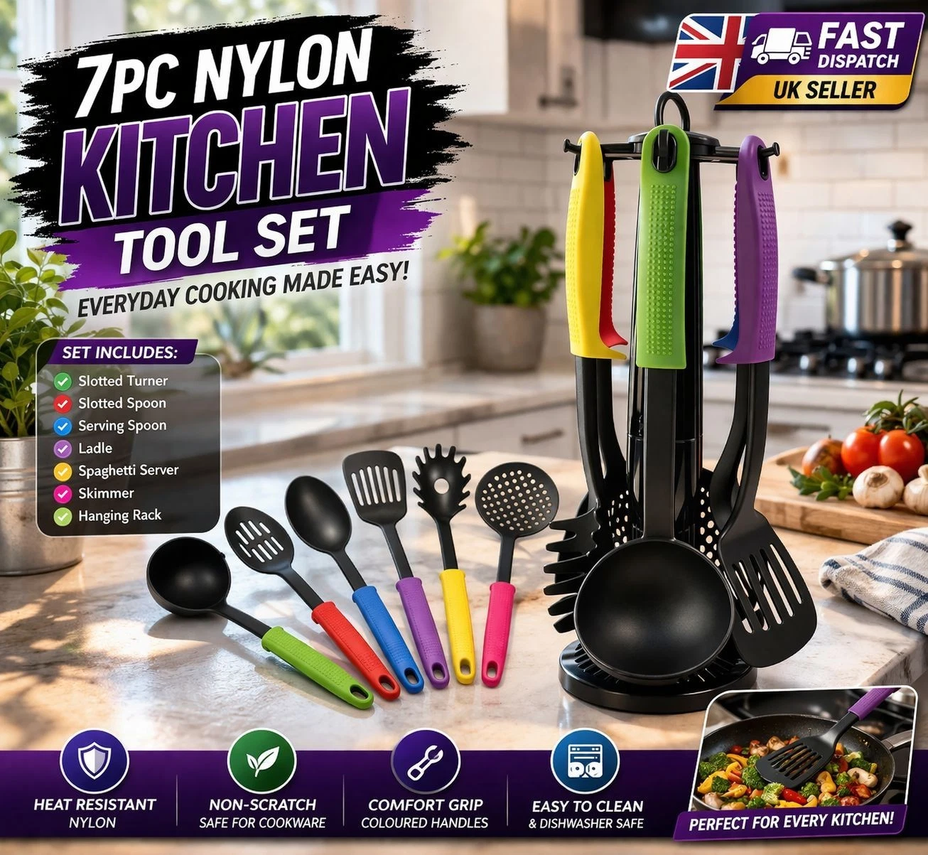 7pc Nylon Kitchen Utensil Set Non Stick Cooking Tools Spatula Ladle Spoon Set UK