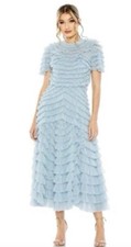 Anthropologie Mac Duggal 8055 Blue Ruffled Tiered Midi Tea Length Dress Size 10