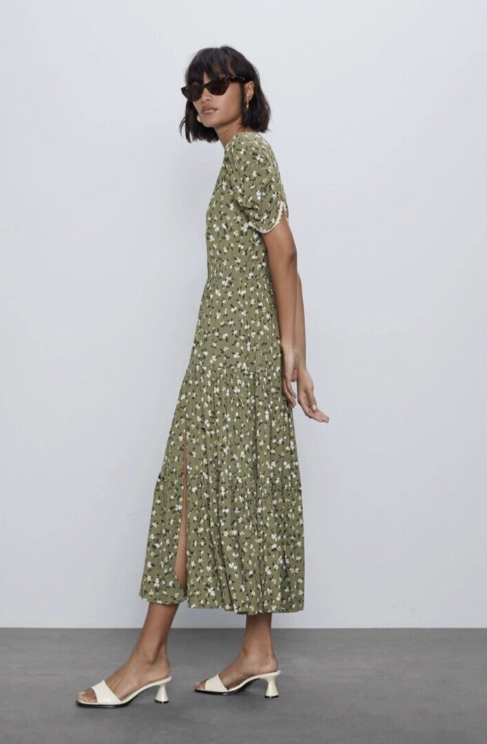 Zara Dress Size M Medium Kate MIddleton Olive Khaki Green Floral Tiered