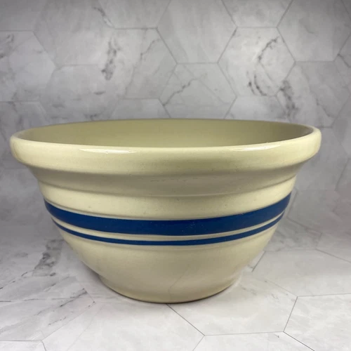 Vintage Roseville Friendship Pottery Co. Blue-Stripe Stoneware Mixing Bowl 8 in
