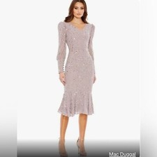 Mac Duggal sequin V-neck, long bishop sleeve trumpet dress Sz 10