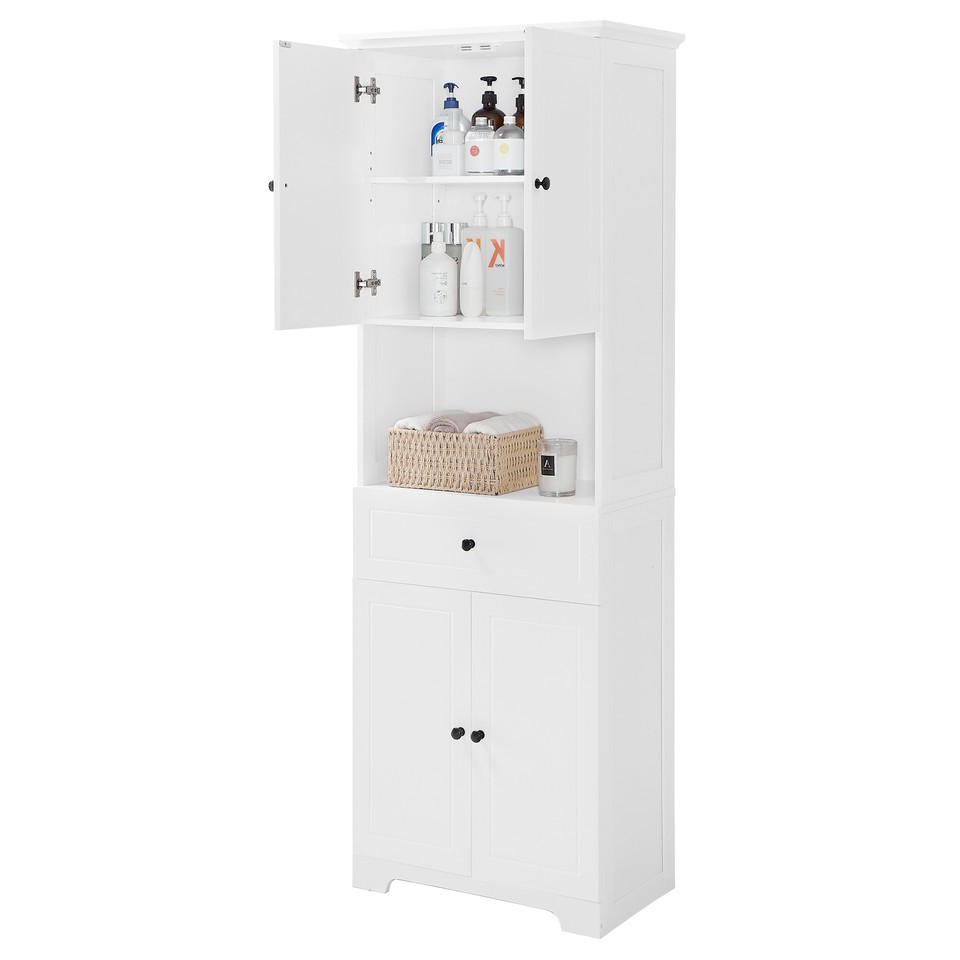 Tall White Bathroom Four Doors Large Storage Open Shelf