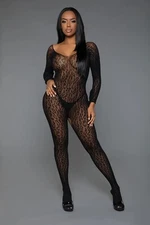 NEW sexy BE WICKED long SLEEVE wide NECK leopard FISHNET crochless BODYSTOCKING