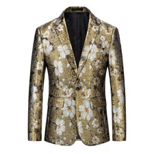 Men Elegant Shiny Metallic Dress Jacket Suit Blazer Coat Notch Lapel Flower