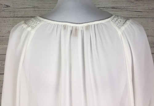 Ellen Tracy Blouse Women’s Size L White 3/4 Sleeve Smocked Tie Neck Peasant NWT - Picture 6 of 12