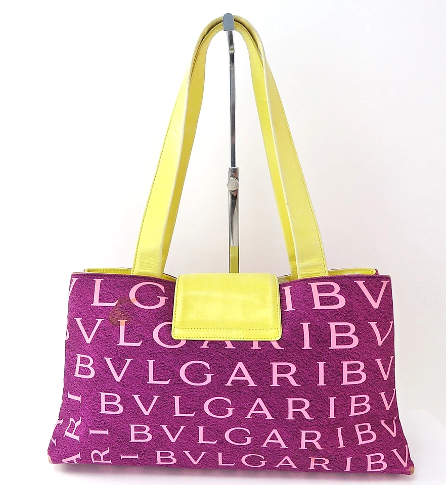 BVLGARI Purple Nylon and Yellow Leather Flap Cover Tote Bag Purse #55655 - Image 3 of 4