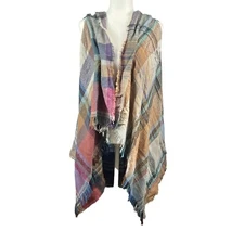 Oversized Plaid Flannel Blanket Scarf Vest Wrap w/ Pockets & Fringe One Size