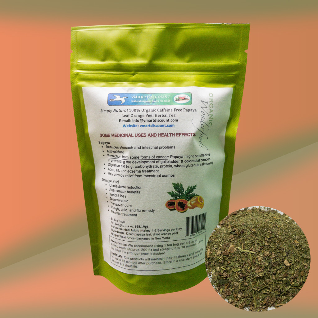 Papaya Leaf Orange Peel Herbal Tea, 30 Tea Bags, All Natural, Caffeine-Free
