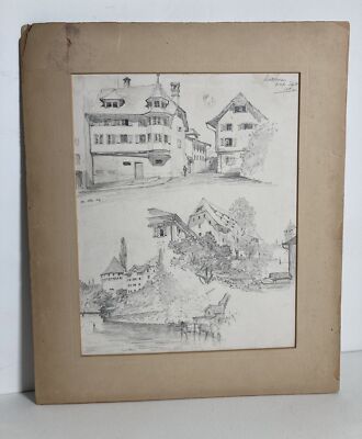 Antique Vintage Original French Architectural Pencil Study Drawing 1892