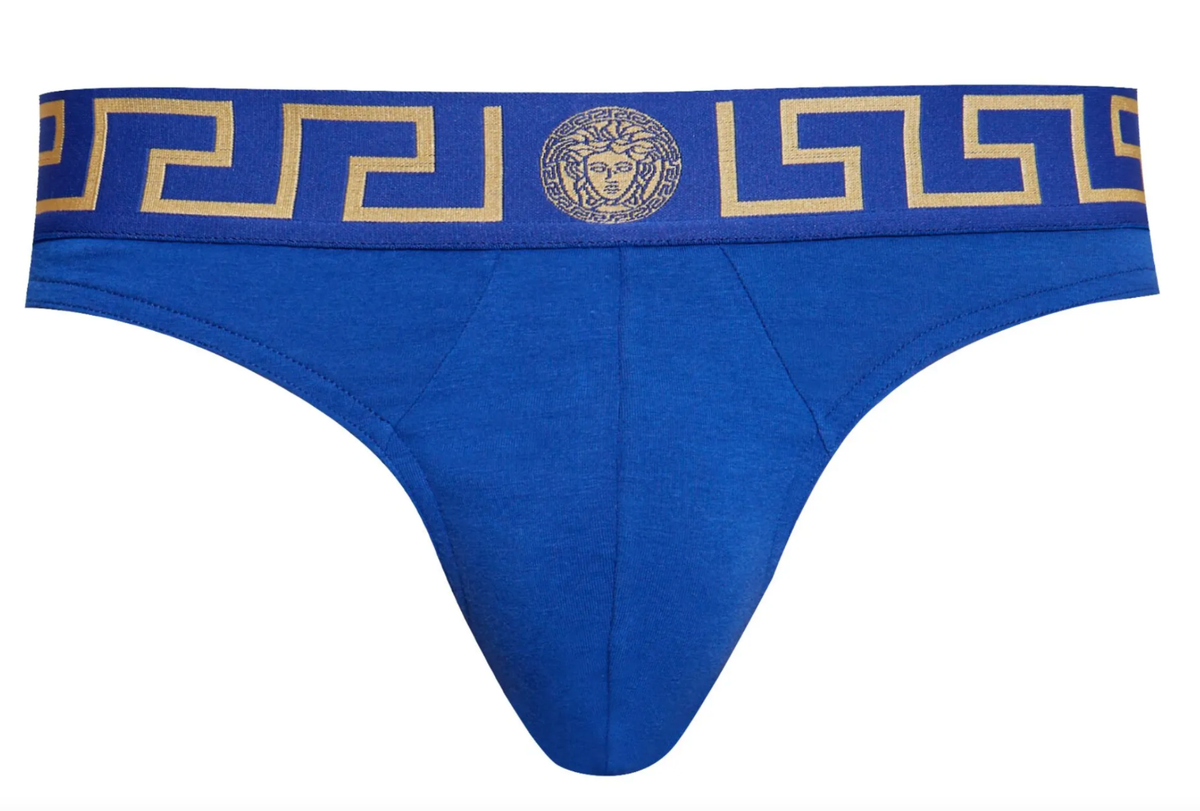 NWT Versace Greca Border Medusa Greek Key Blue Logo Thong