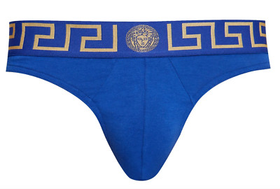 NWT Versace Greca Border Blue Medusa Greek Key Logo Thong Underwear 6 US L $95