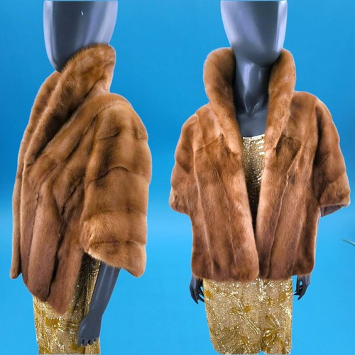 Vintage Mink Stole Honey Brown Fur Cape Coat Wrap Shrug Formal Wedding Prom S/M - Picture 5 of 10
