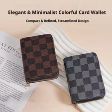 Minimalist Checkered Card Wallet,Compact Zipper RFID Blocking Card Holder