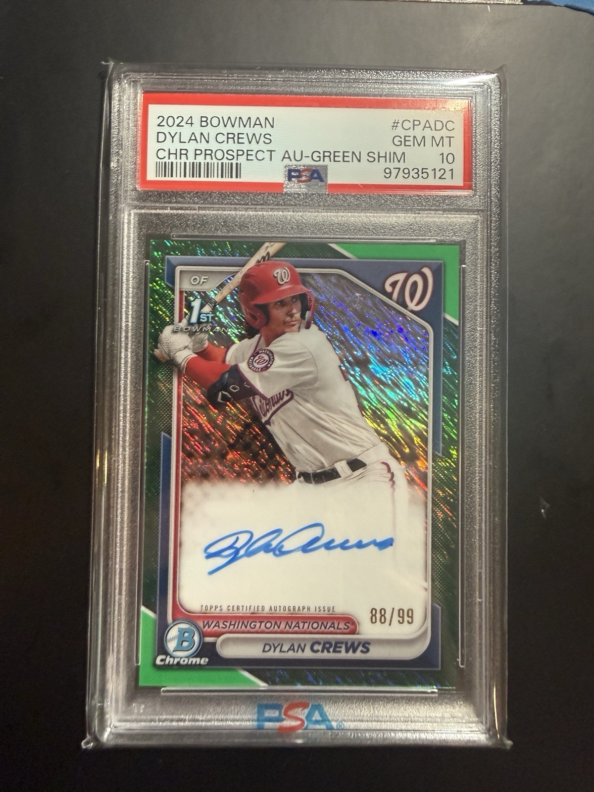 Topps 2024 Bowman Chrome Dylan Crews CPA-DC Green Shimmer /99 Auto PSA 10 1st