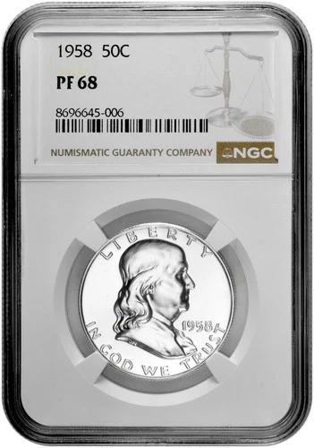 1958 50C Proof Silver Franklin Half Dollar NGC Graded PF 68 in New Holder