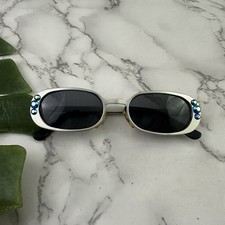 Vintage Y2k Womens Sunglasses Silver Metal Blue Rhinestones Square Frames