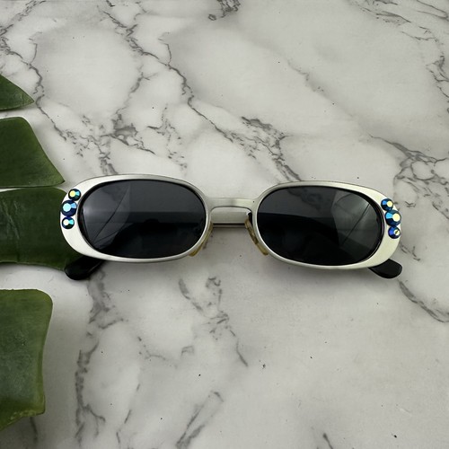Vintage Y2k Womens Sunglasses Silver Metal Blue Rhinestones Square Frames