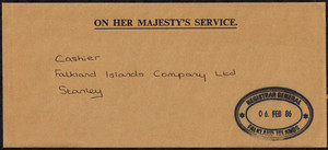 Falkland Islands 1986 OHMS Cover to Cashier w/ REGISTRAR GENERAL Double Oval H/S