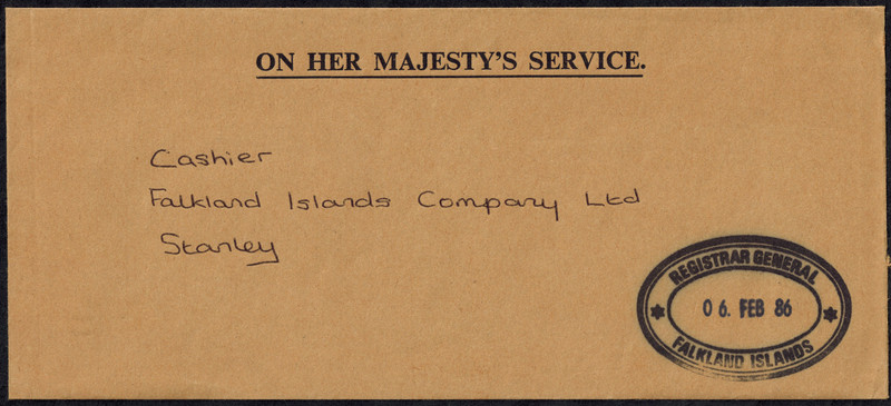 Falkland Islands 1986 OHMS Cover to Cashier w/ REGISTRAR GENERAL Double Oval H/S