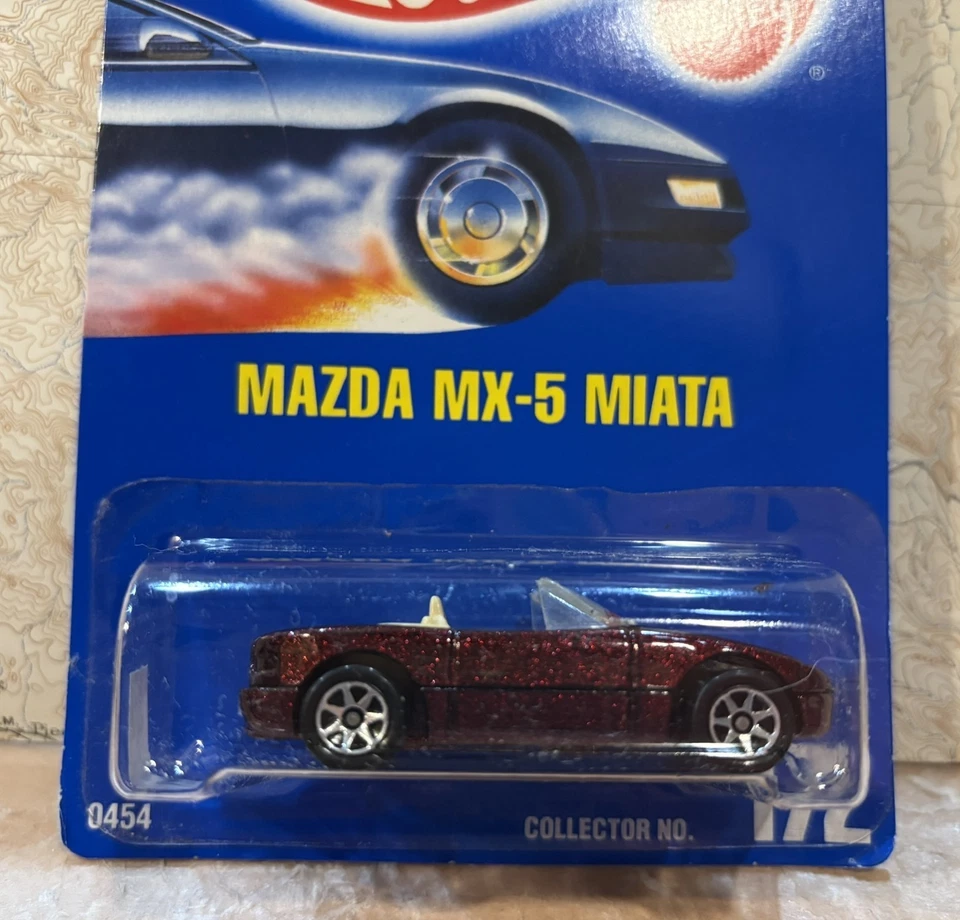 Hot Wheels 1991 Miata #172 Yellow & Burgundy-7sp wheels, lot/2 Blue Card NRFP - Image 4 of 4