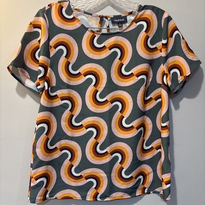 Modcloth women's Top Green Short Sleeve Psychedelic Swirls Yellow size S