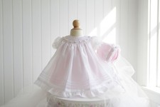 NWT Will'beth White Pink Sheer Smocked 3pc Dress 6 Months Bonnet Baby Girls 6M