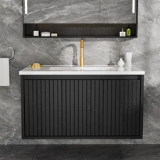 30 Inch Bathroom Vanity Cabinet With Ceramic Sink - Black Wall Mounted Floating
