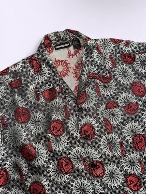 Y2K Dragon Print Jacquard Top Odo Asian Style Silky Sheen Shirt