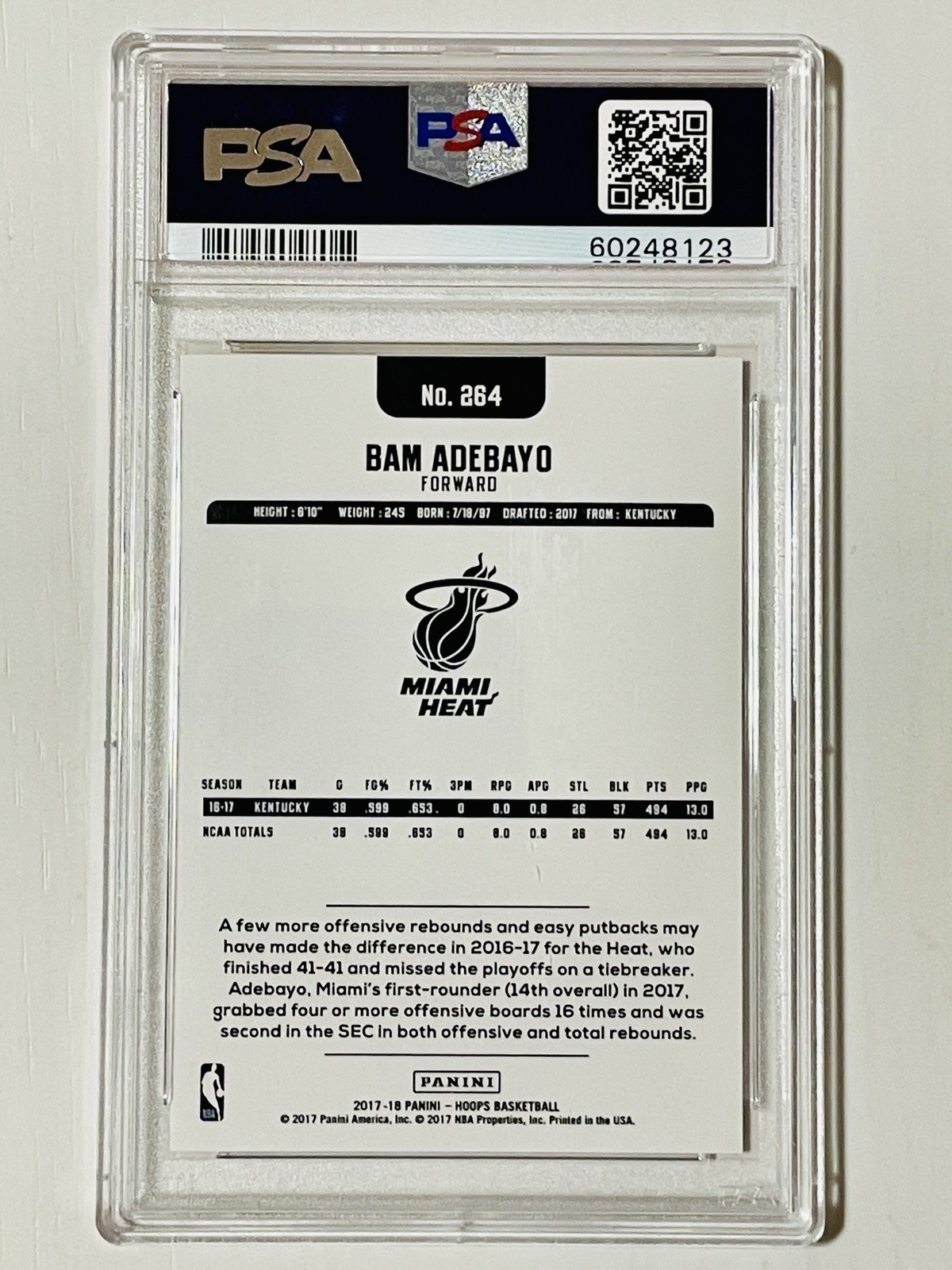 2017-18 Panini NBA Hoops - Bam Adebayo #264 (RC) Rookie PSA 10 view 2