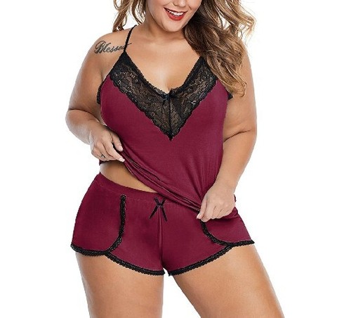 Chama Women's Pajama Set Cami Top & Short PJ Set Nightwear Sexy Lace Sleepwear