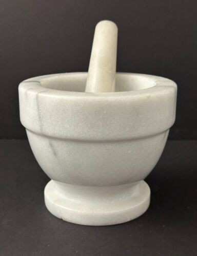 Large White & Grey Marble Stone Grinder Mortar 4.3in Tall & Pestle 5.5in Long - Picture 4 of 7