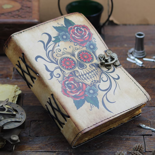 Skull Printed Leather Journal Custom Personalized Notebook Unique Vintage Design - Picture 2 of 6