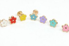 14k Yellow Gold Enamel Flower Baby earrings with Screw Back