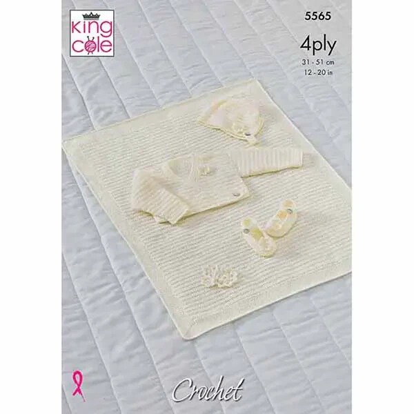 King Cole 4 Ply Crochet Pattern - 5565 Cardigan, Bonnet, Shoes & Blanket