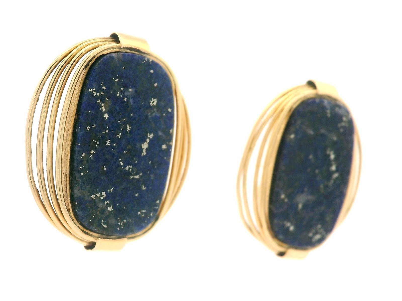 European Yellow Gold Inlaid Lapis Handmade Wire Work Large Omega Earrings image 2