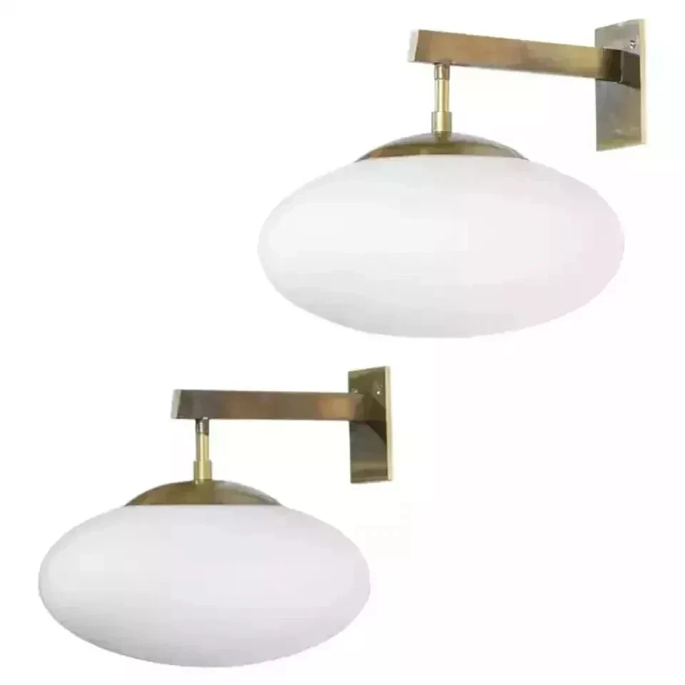Mid Century Pair Modern Opaline Glass Wall Sconce Industrial Italian Stilnovo - Image 4 of 4